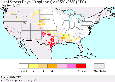 United States Heat Stress Days (Croplands) >=35°C/95°F (CPC) Thematic Map For 8/10/2020 - 8/16/2020