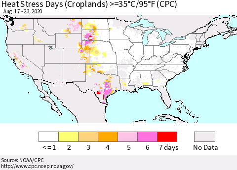 United States Heat Stress Days (Croplands) >=35°C/95°F (CPC) Thematic Map For 8/17/2020 - 8/23/2020