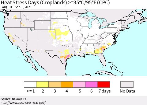 United States Heat Stress Days (Croplands) >=35°C/95°F (CPC) Thematic Map For 8/31/2020 - 9/6/2020