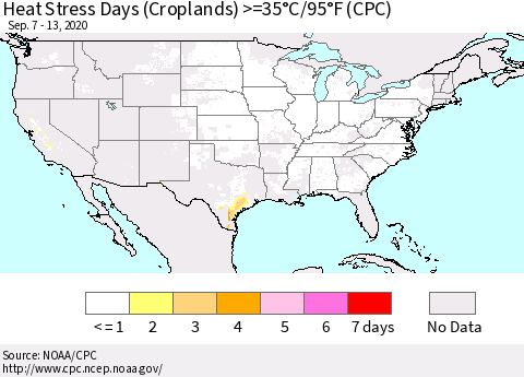 United States Heat Stress Days (Croplands) >=35°C/95°F (CPC) Thematic Map For 9/7/2020 - 9/13/2020