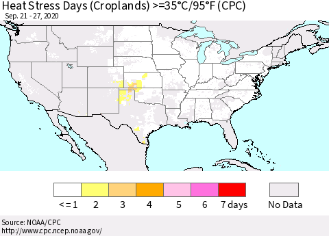 United States Heat Stress Days (Croplands) >=35°C/95°F (CPC) Thematic Map For 9/21/2020 - 9/27/2020