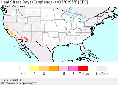 United States Heat Stress Days (Croplands) >=35°C/95°F (CPC) Thematic Map For 9/28/2020 - 10/4/2020