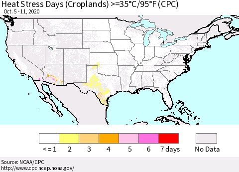 United States Heat Stress Days (Croplands) >=35°C/95°F (CPC) Thematic Map For 10/5/2020 - 10/11/2020
