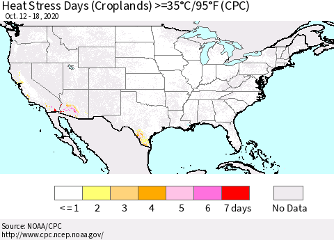 United States Heat Stress Days (Croplands) >=35°C/95°F (CPC) Thematic Map For 10/12/2020 - 10/18/2020