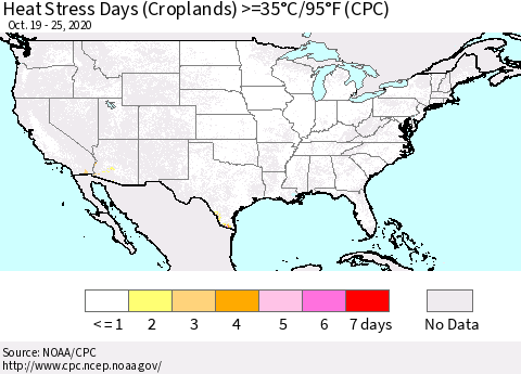 United States Heat Stress Days (Croplands) >=35°C/95°F (CPC) Thematic Map For 10/19/2020 - 10/25/2020