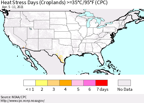 United States Heat Stress Days (Croplands) >=35°C/95°F (CPC) Thematic Map For 4/5/2021 - 4/11/2021