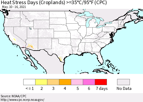 United States Heat Stress Days (Croplands) >=35°C/95°F (CPC) Thematic Map For 5/10/2021 - 5/16/2021