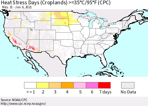 United States Heat Stress Days (Croplands) >=35°C/95°F (CPC) Thematic Map For 5/31/2021 - 6/6/2021