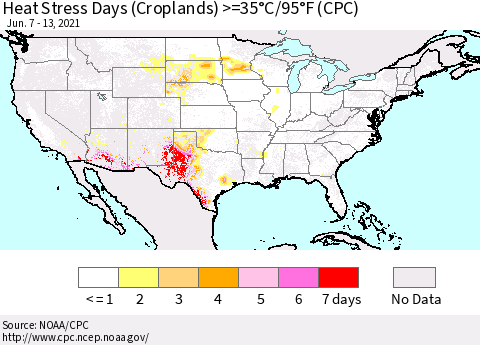 United States Heat Stress Days (Croplands) >=35°C/95°F (CPC) Thematic Map For 6/7/2021 - 6/13/2021