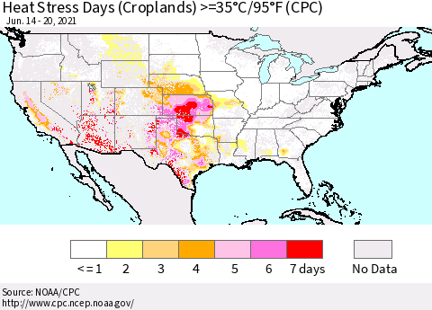 United States Heat Stress Days (Croplands) >=35°C/95°F (CPC) Thematic Map For 6/14/2021 - 6/20/2021