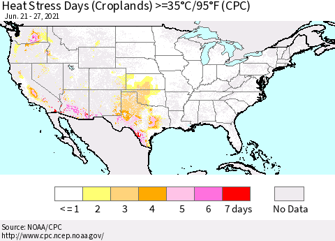 United States Heat Stress Days (Croplands) >=35°C/95°F (CPC) Thematic Map For 6/21/2021 - 6/27/2021