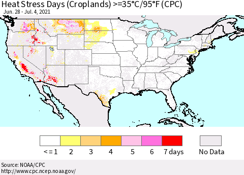 United States Heat Stress Days (Croplands) >=35°C/95°F (CPC) Thematic Map For 6/28/2021 - 7/4/2021