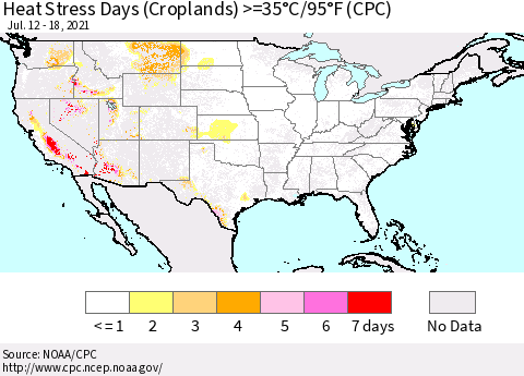 United States Heat Stress Days (Croplands) >=35°C/95°F (CPC) Thematic Map For 7/12/2021 - 7/18/2021