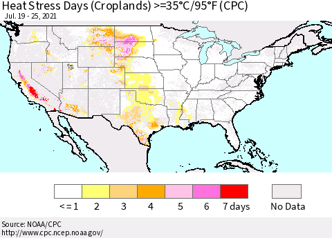United States Heat Stress Days (Croplands) >=35°C/95°F (CPC) Thematic Map For 7/19/2021 - 7/25/2021
