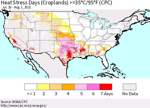 United States Heat Stress Days (Croplands) >=35°C/95°F (CPC) Thematic Map For 7/26/2021 - 8/1/2021