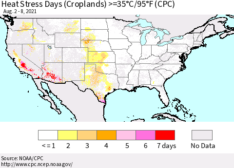 United States Heat Stress Days (Croplands) >=35°C/95°F (CPC) Thematic Map For 8/2/2021 - 8/8/2021