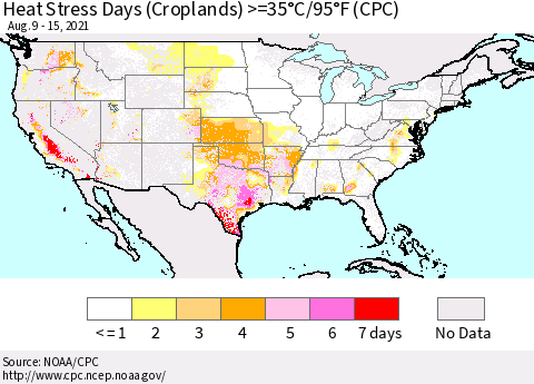 United States Heat Stress Days (Croplands) >=35°C/95°F (CPC) Thematic Map For 8/9/2021 - 8/15/2021