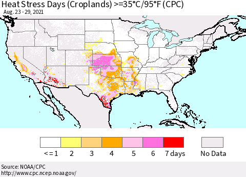 United States Heat Stress Days (Croplands) >=35°C/95°F (CPC) Thematic Map For 8/23/2021 - 8/29/2021