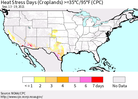 United States Heat Stress Days (Croplands) >=35°C/95°F (CPC) Thematic Map For 9/13/2021 - 9/19/2021