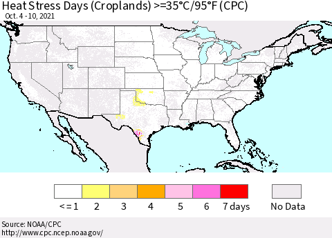 United States Heat Stress Days (Croplands) >=35°C/95°F (CPC) Thematic Map For 10/4/2021 - 10/10/2021