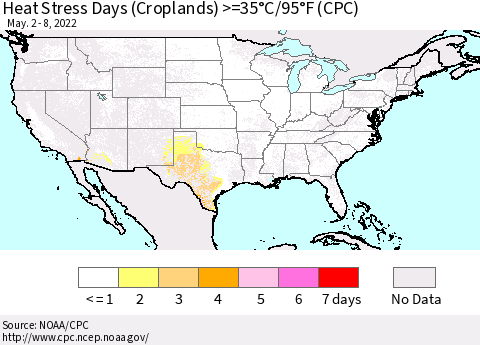 United States Heat Stress Days (Croplands) >=35°C/95°F (CPC) Thematic Map For 5/2/2022 - 5/8/2022