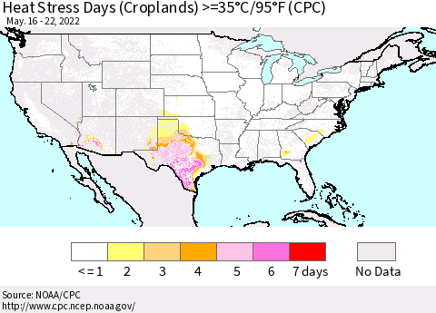 United States Heat Stress Days (Croplands) >=35°C/95°F (CPC) Thematic Map For 5/16/2022 - 5/22/2022