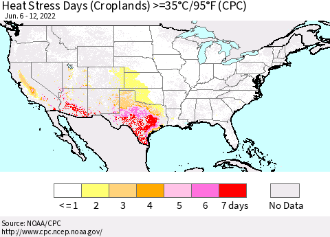 United States Heat Stress Days (Croplands) >=35°C/95°F (CPC) Thematic Map For 6/6/2022 - 6/12/2022