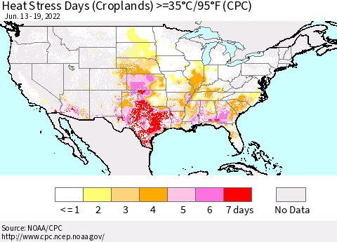 United States Heat Stress Days (Croplands) >=35°C/95°F (CPC) Thematic Map For 6/13/2022 - 6/19/2022