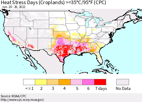 United States Heat Stress Days (Croplands) >=35°C/95°F (CPC) Thematic Map For 6/20/2022 - 6/26/2022