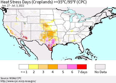 United States Heat Stress Days (Croplands) >=35°C/95°F (CPC) Thematic Map For 6/27/2022 - 7/3/2022