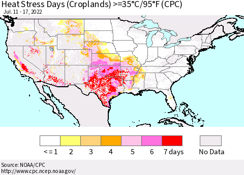 United States Heat Stress Days (Croplands) >=35°C/95°F (CPC) Thematic Map For 7/11/2022 - 7/17/2022