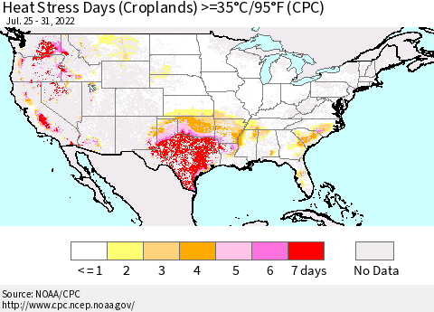 United States Heat Stress Days (Croplands) >=35°C/95°F (CPC) Thematic Map For 7/25/2022 - 7/31/2022