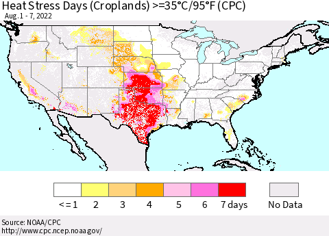 United States Heat Stress Days (Croplands) >=35°C/95°F (CPC) Thematic Map For 8/1/2022 - 8/7/2022