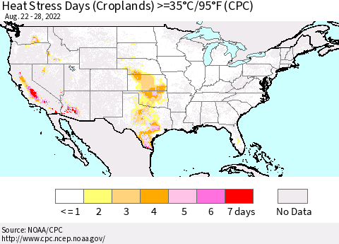 United States Heat Stress Days (Croplands) >=35°C/95°F (CPC) Thematic Map For 8/22/2022 - 8/28/2022