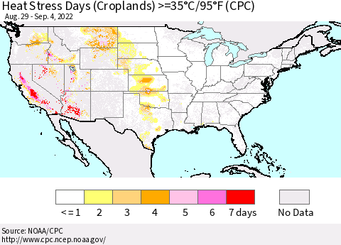 United States Heat Stress Days (Croplands) >=35°C/95°F (CPC) Thematic Map For 8/29/2022 - 9/4/2022