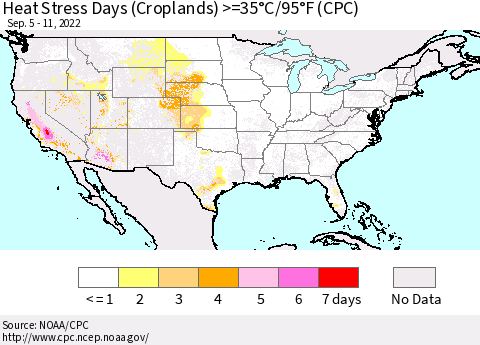 United States Heat Stress Days (Croplands) >=35°C/95°F (CPC) Thematic Map For 9/5/2022 - 9/11/2022