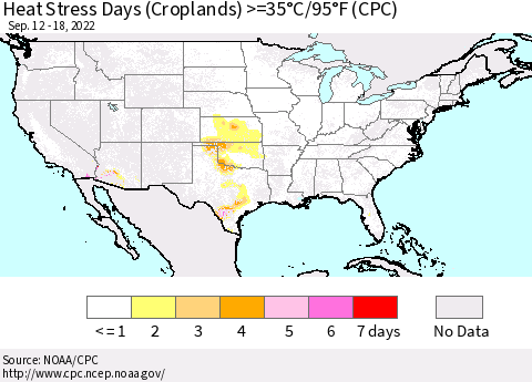 United States Heat Stress Days (Croplands) >=35°C/95°F (CPC) Thematic Map For 9/12/2022 - 9/18/2022