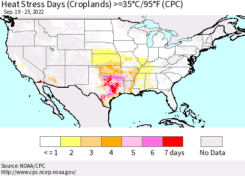 United States Heat Stress Days (Croplands) >=35°C/95°F (CPC) Thematic Map For 9/19/2022 - 9/25/2022