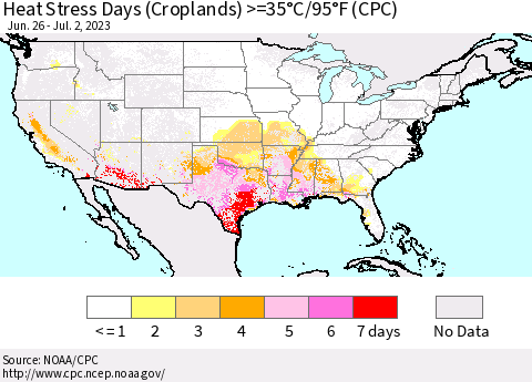 United States Heat Stress Days (Croplands) >=35°C/95°F (CPC) Thematic Map For 6/26/2023 - 7/2/2023