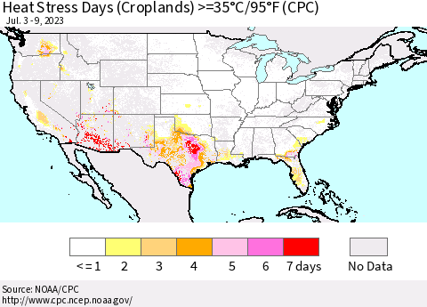 United States Heat Stress Days (Croplands) >=35°C/95°F (CPC) Thematic Map For 7/3/2023 - 7/9/2023
