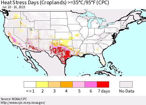 United States Heat Stress Days (Croplands) >=35°C/95°F (CPC) Thematic Map For 7/10/2023 - 7/16/2023