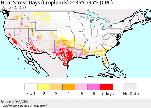 United States Heat Stress Days (Croplands) >=35°C/95°F (CPC) Thematic Map For 7/17/2023 - 7/23/2023