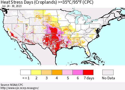 United States Heat Stress Days (Croplands) >=35°C/95°F (CPC) Thematic Map For 7/24/2023 - 7/30/2023