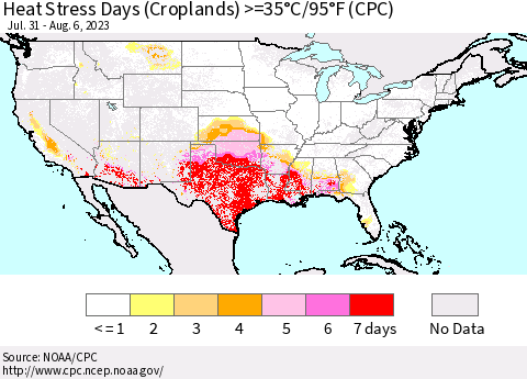 United States Heat Stress Days (Croplands) >=35°C/95°F (CPC) Thematic Map For 7/31/2023 - 8/6/2023