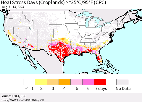 United States Heat Stress Days (Croplands) >=35°C/95°F (CPC) Thematic Map For 8/7/2023 - 8/13/2023