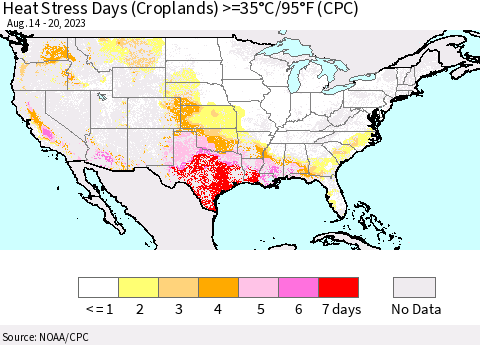 United States Heat Stress Days (Croplands) >=35°C/95°F (CPC) Thematic Map For 8/14/2023 - 8/20/2023