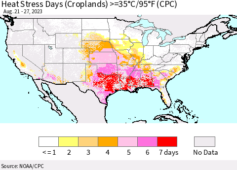 United States Heat Stress Days (Croplands) >=35°C/95°F (CPC) Thematic Map For 8/21/2023 - 8/27/2023