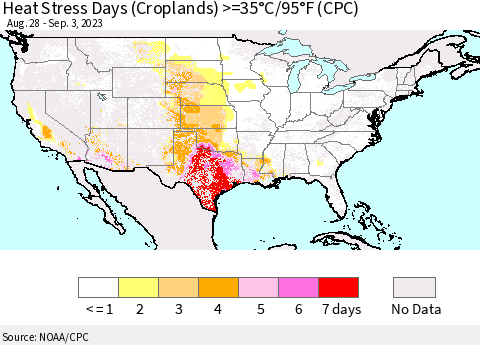 United States Heat Stress Days (Croplands) >=35°C/95°F (CPC) Thematic Map For 8/28/2023 - 9/3/2023