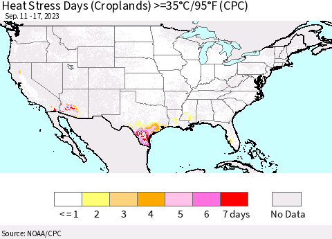 United States Heat Stress Days (Croplands) >=35°C/95°F (CPC) Thematic Map For 9/11/2023 - 9/17/2023