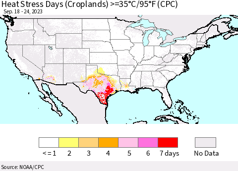 United States Heat Stress Days (Croplands) >=35°C/95°F (CPC) Thematic Map For 9/18/2023 - 9/24/2023